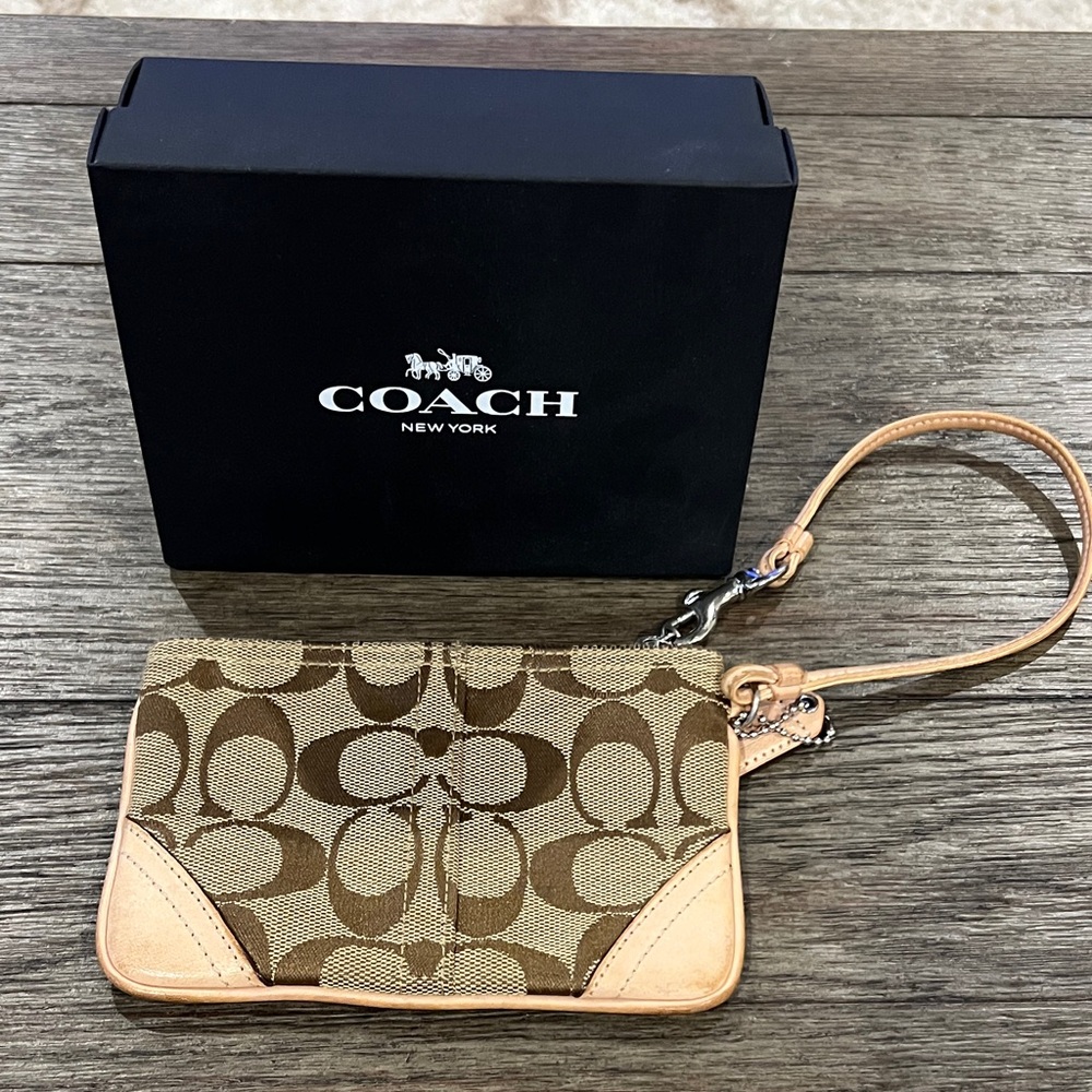 Coach Signature Brown and Tan Wristlet